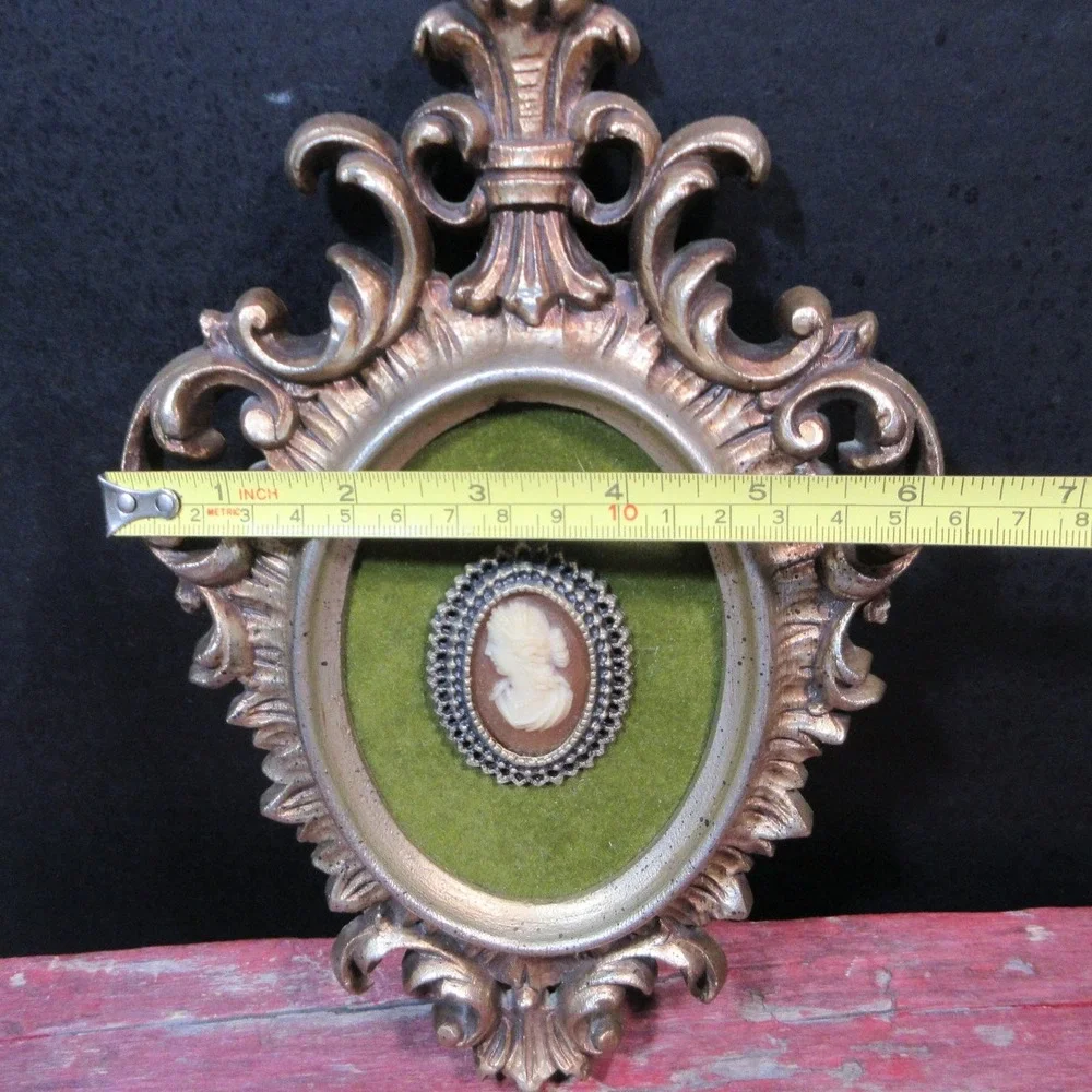 Vintage Burwood Arabesque Ornate Gold Frame w/ Green Velvet Cameo Wall Decor USA